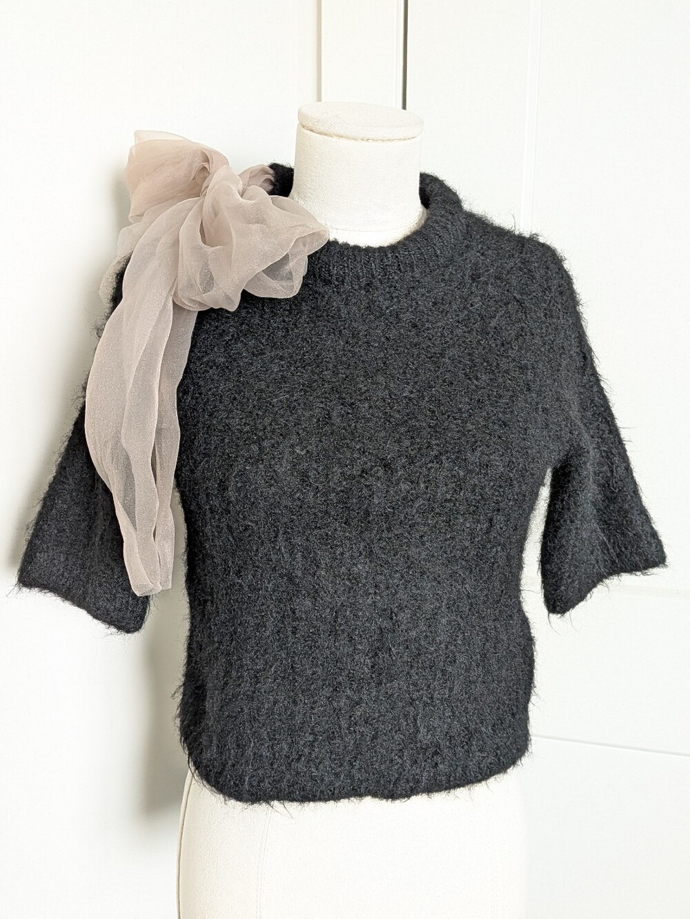 NWOT Zara Organza Bow Black Fuzzy Knit Top Small
